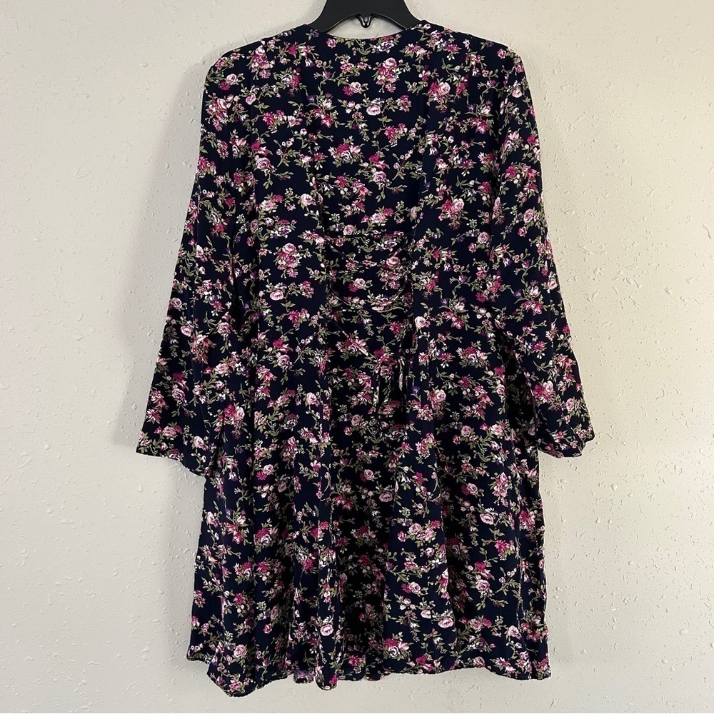 Moon Dance Vintage Blue Pink Floral Print Long Sleeve Mini Dress Size 18 Spring